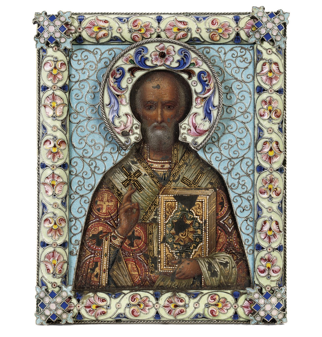 A silver-gilt and cloisonné enamel icon