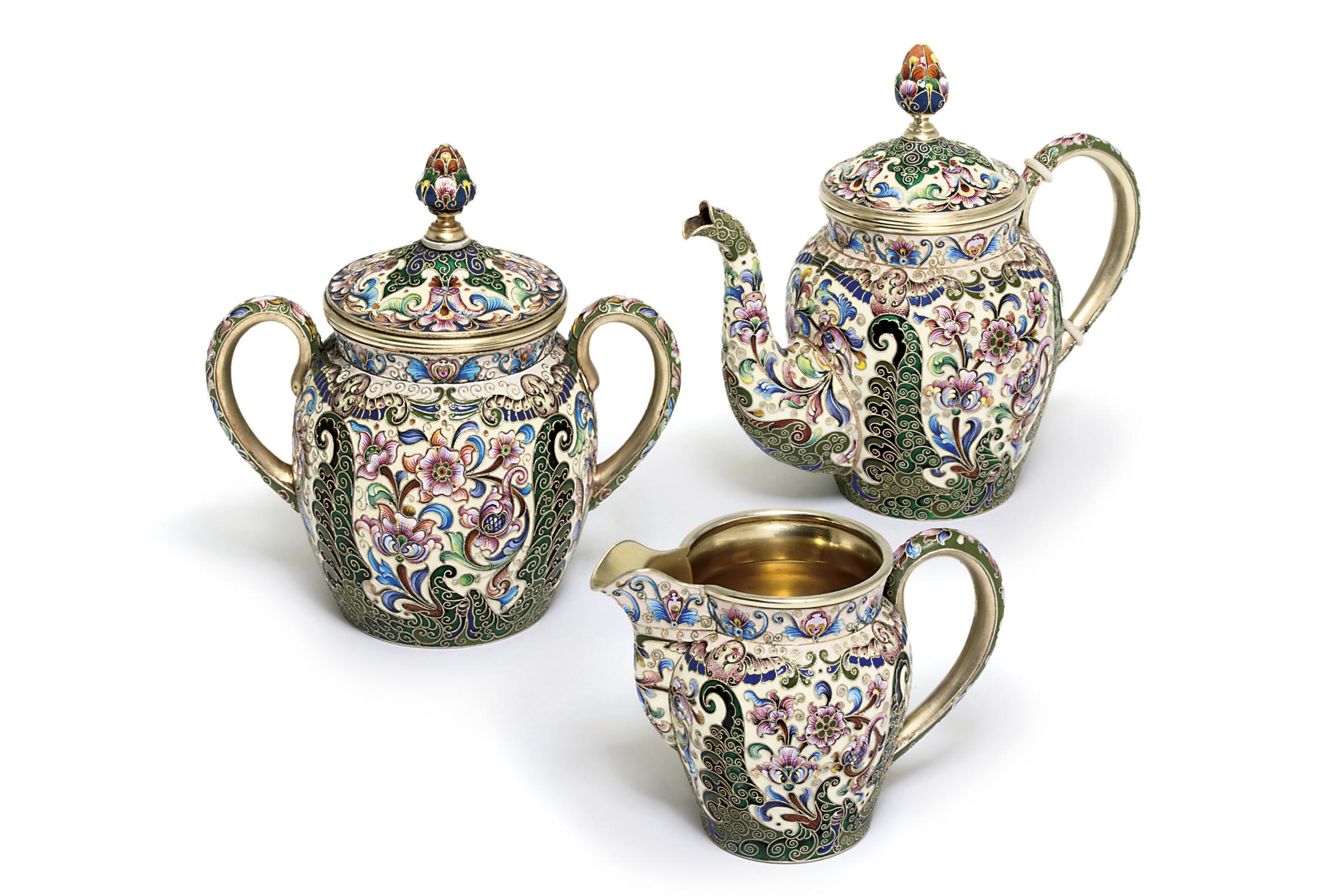 A composite silver-gilt and cloisonné enamel tea-set
