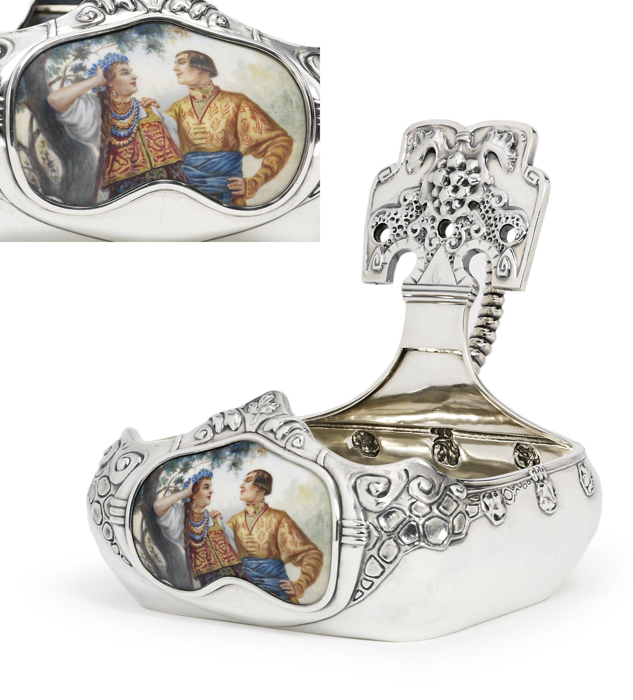 A large silver and en plein enamel kovsh
