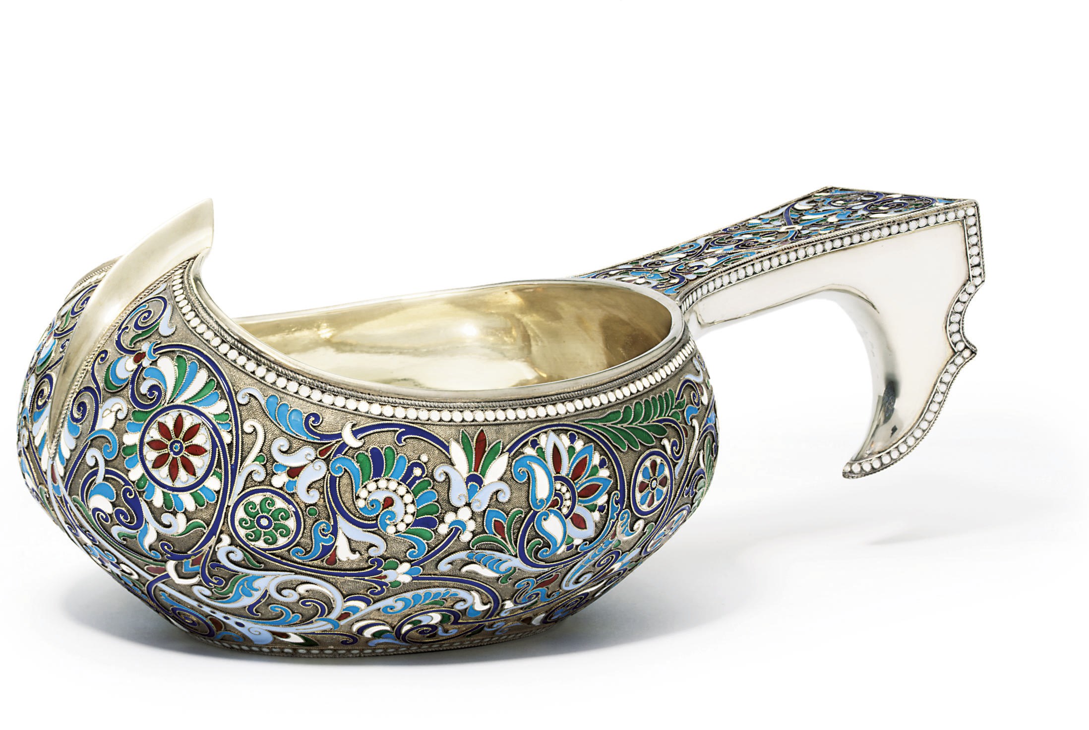 A large silver-gilt and cloisonné enamel kovsh
