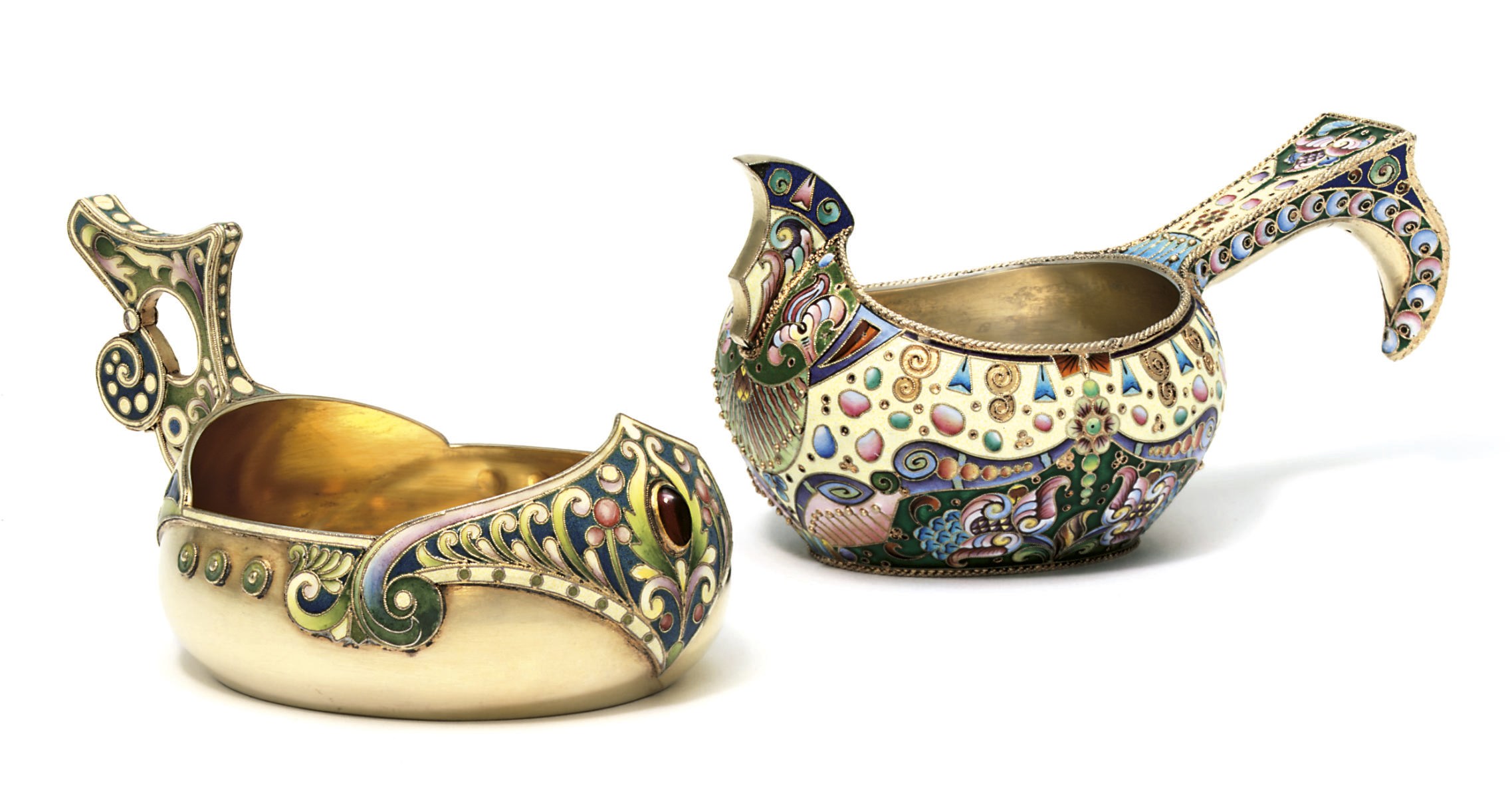 Two silver-gilt closionné enamel kovshii
