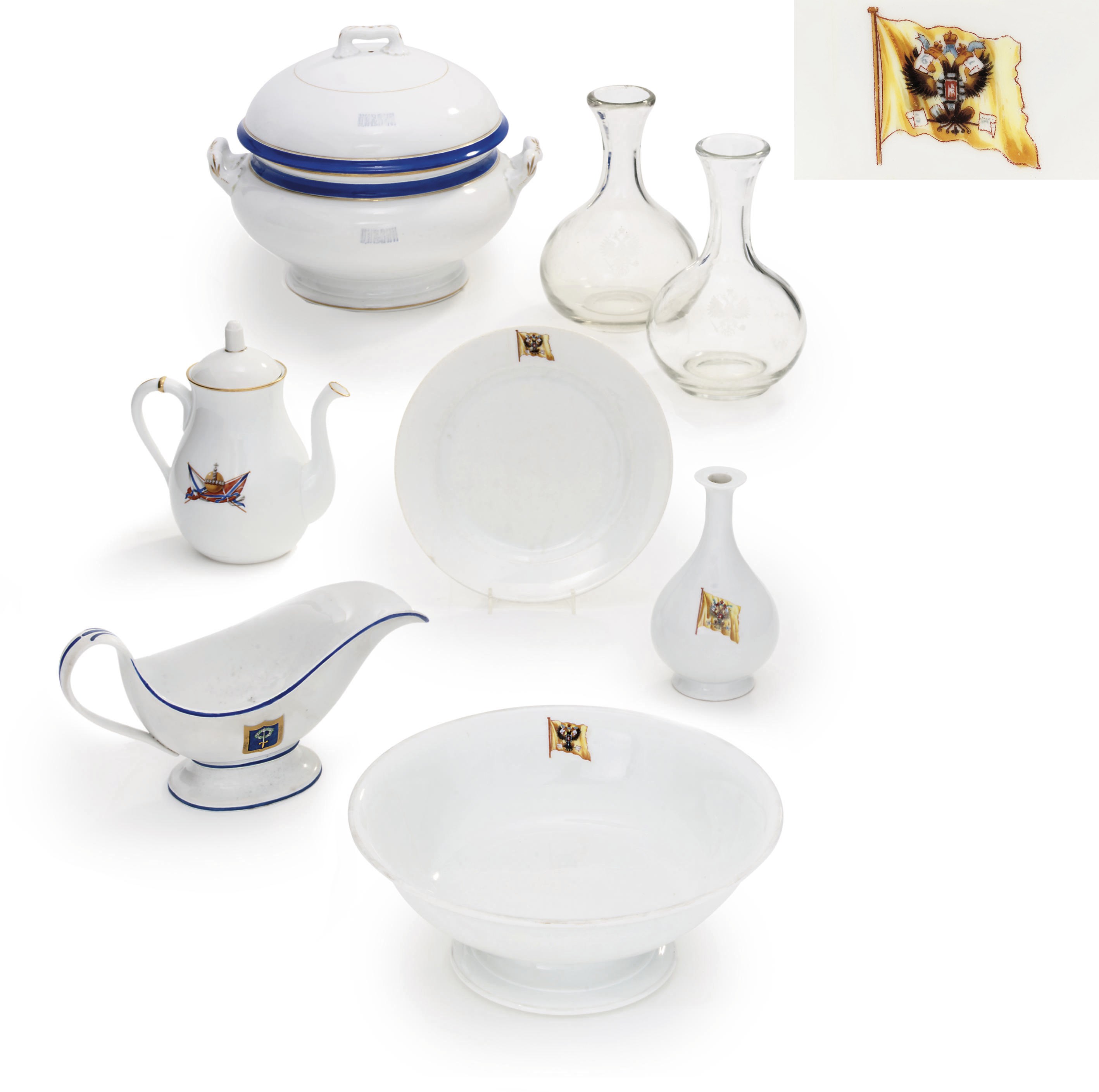 A selection of porcelain and glass tableware from the Imperial Yacht services