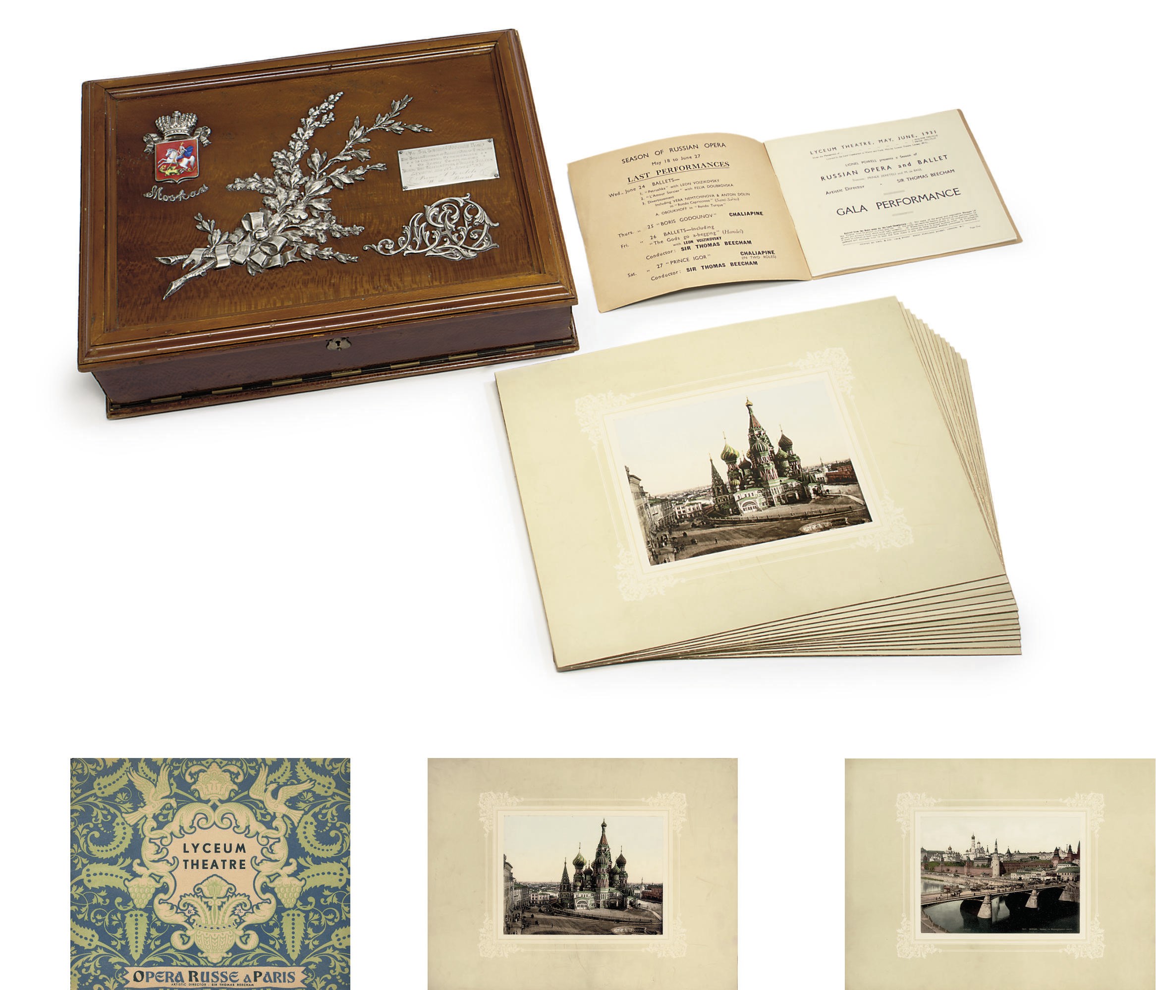 A silver-mounted wooden box containing views of Moscow