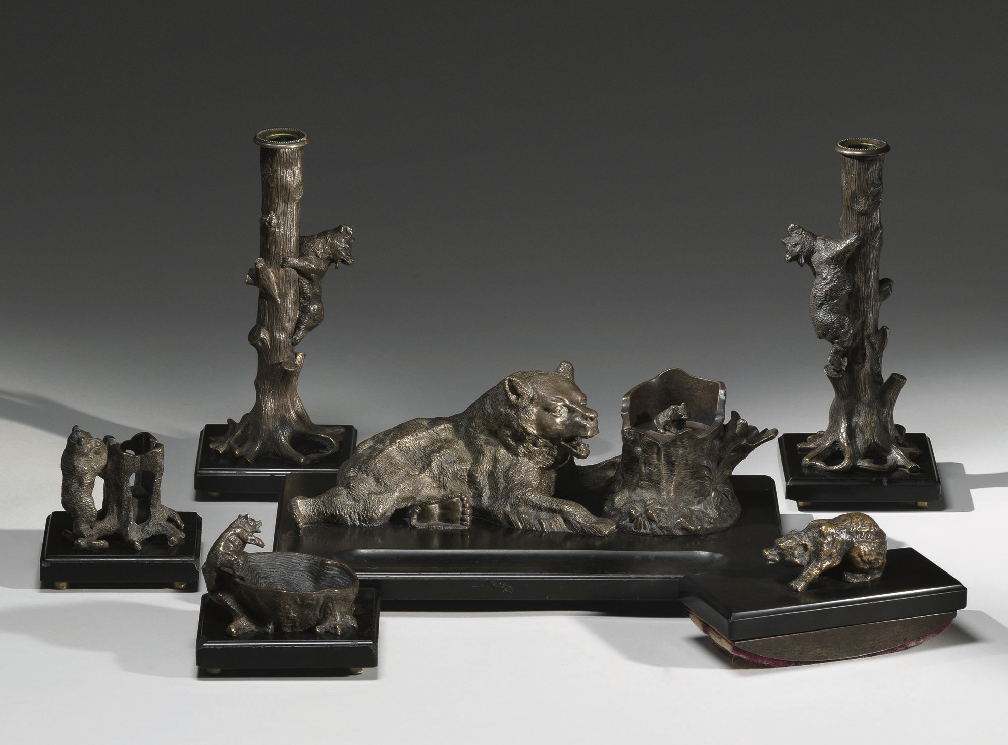 A bronze and onyx desk set