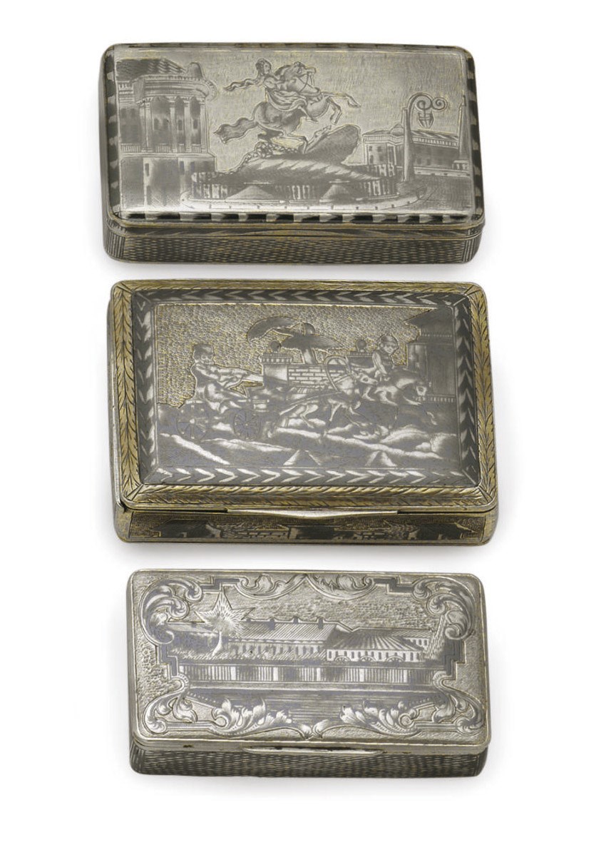Two silver-gilt and niello snuff boxes and a cigarette-case