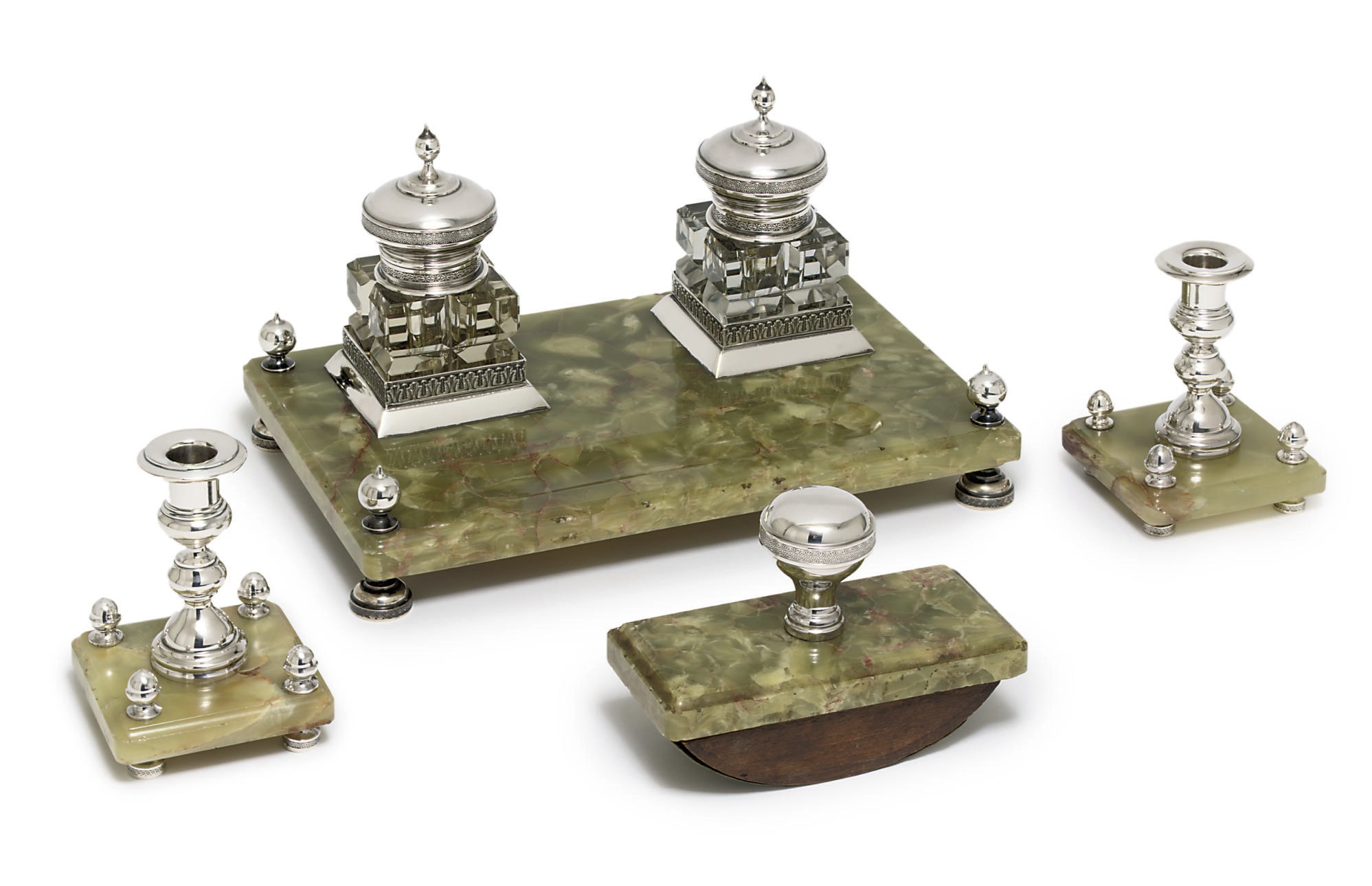 A four-piece silver-mounted marble and cut-glass desk-set