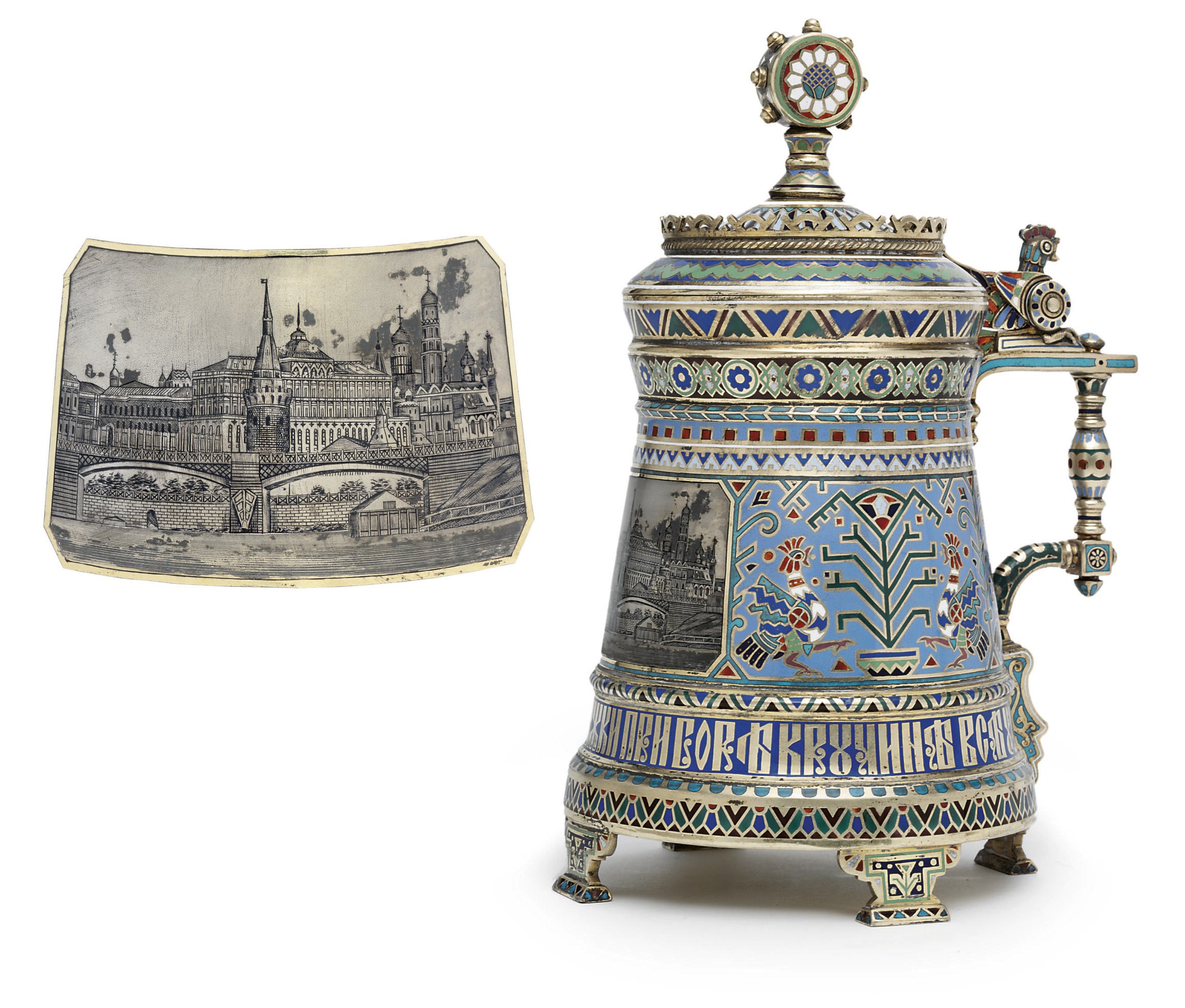 A silver-gilt, niello and champlevé enamel tankard