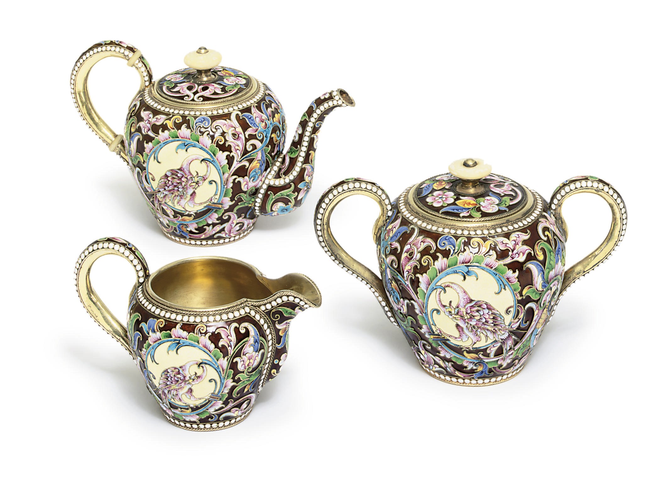 A silver-gilt and cloisonné enamel tea-set