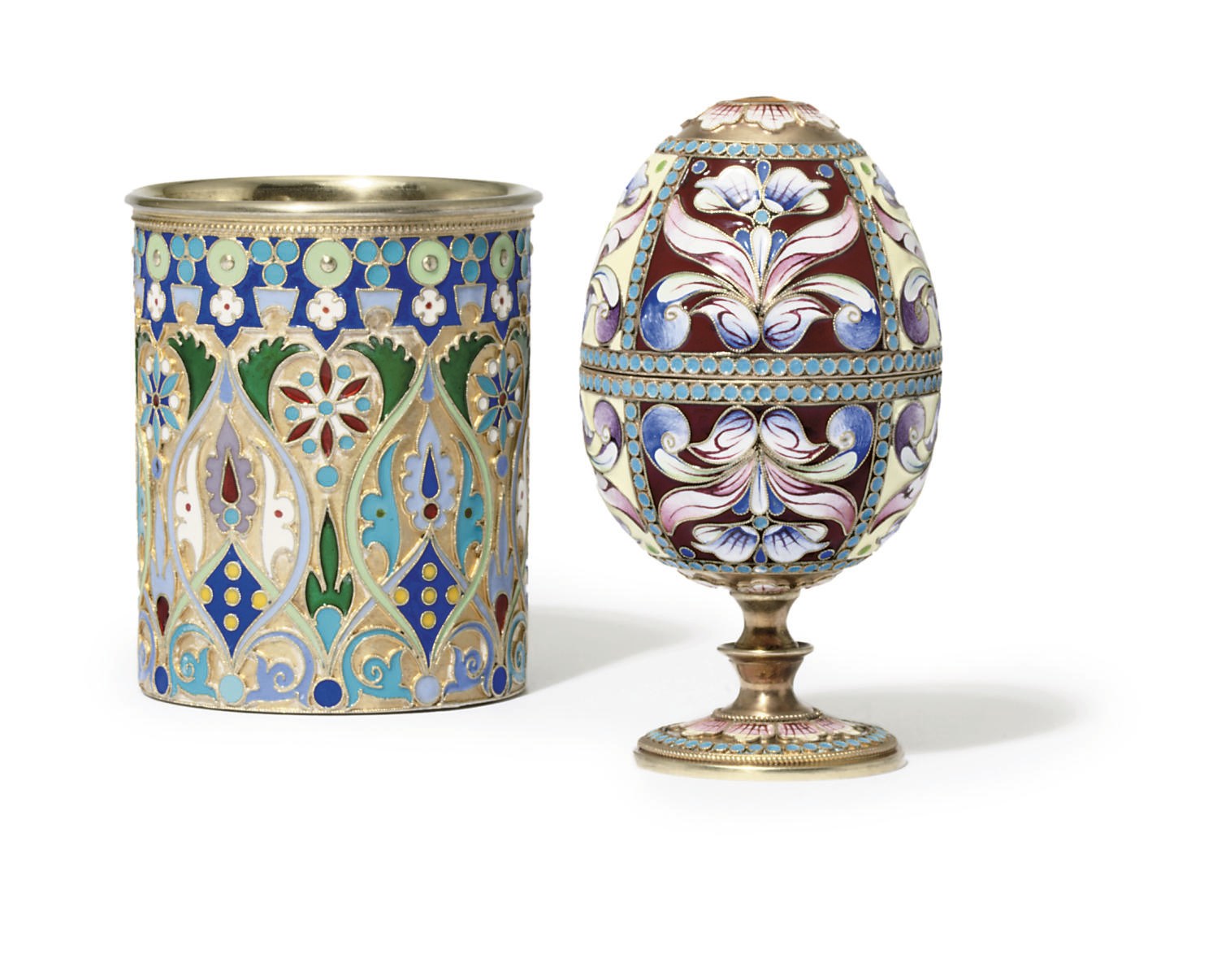 A silver-gilt and cloisonné enamel egg and beaker