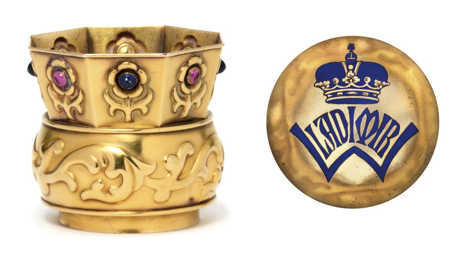 A jewelled gold and enamel tumbler