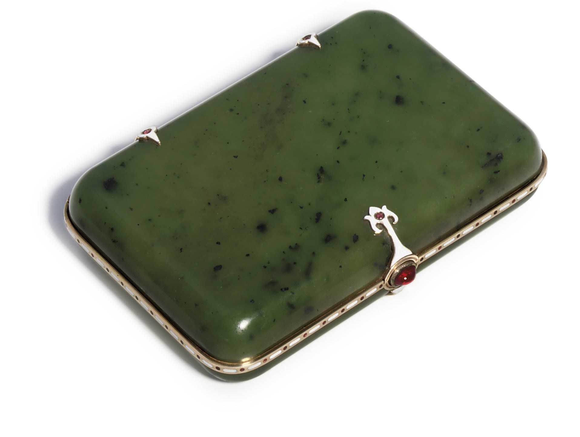 A jewelled and enamelled gold-mounted nephrite cigarette-case