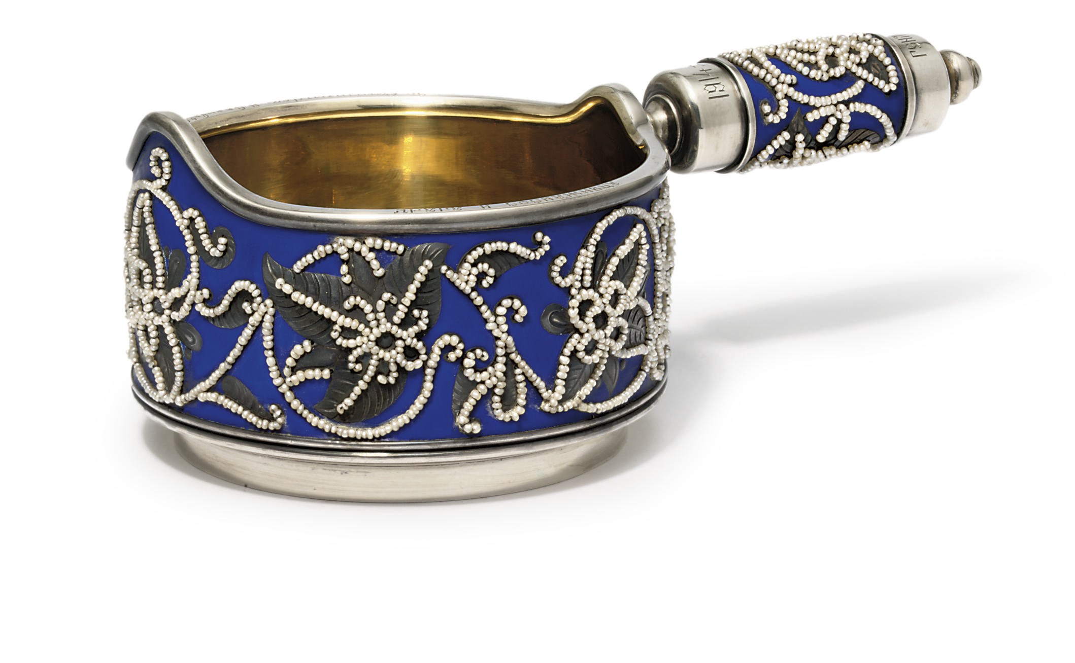 An enamelled parcel-gilt and seed-pearl kovsh