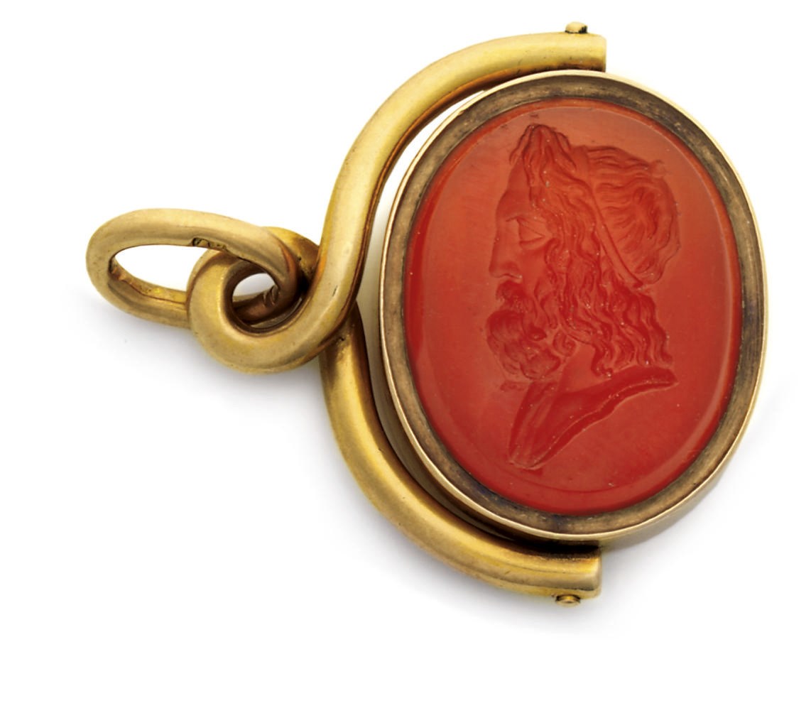 A gold-mounted carnelian pendant