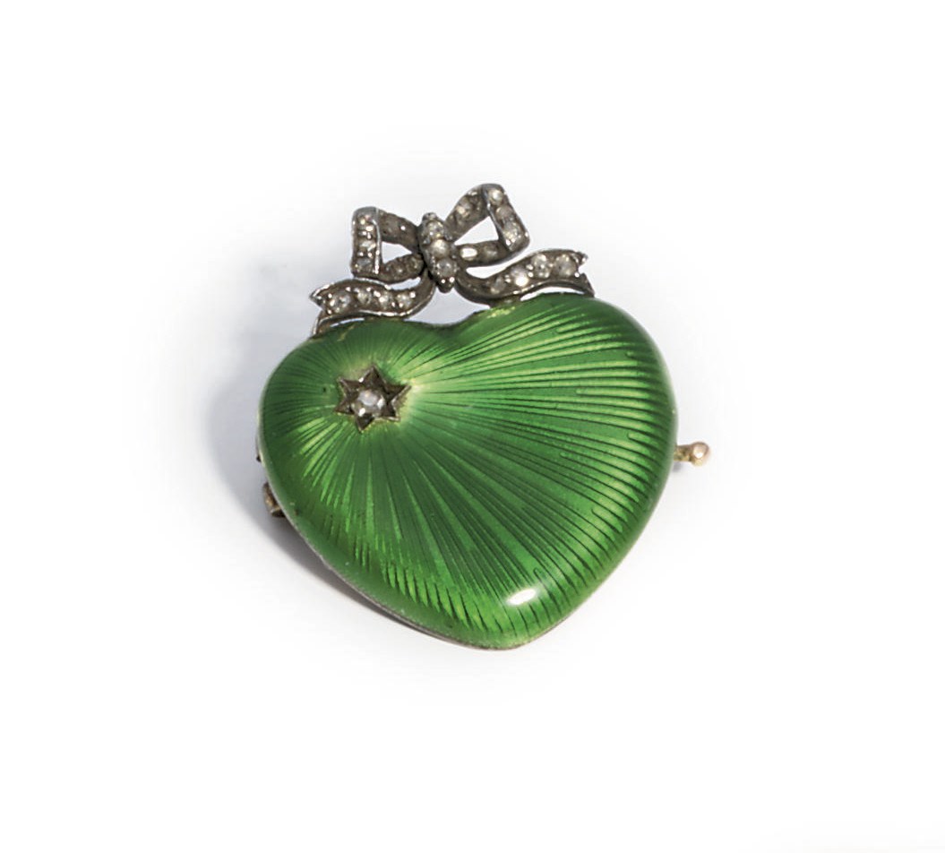 A jewelled guilloché enamel gold brooch