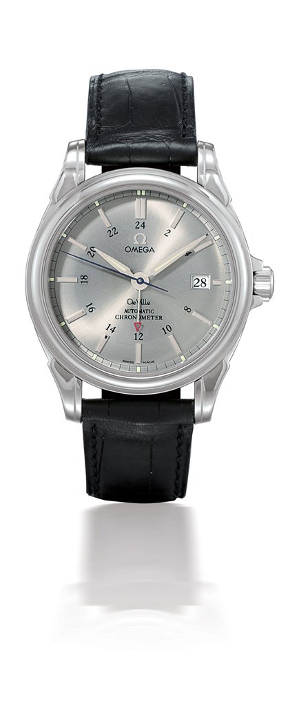 OMEGA, "DE VILLE CO-AXIAL GMT"

STAINLESS STEEL SELF-WINDING TWO-TIME-ZONE CHRONOMETER WRISTWATCH WITH SWEEP SECONDS AND DATE DISPLAY
