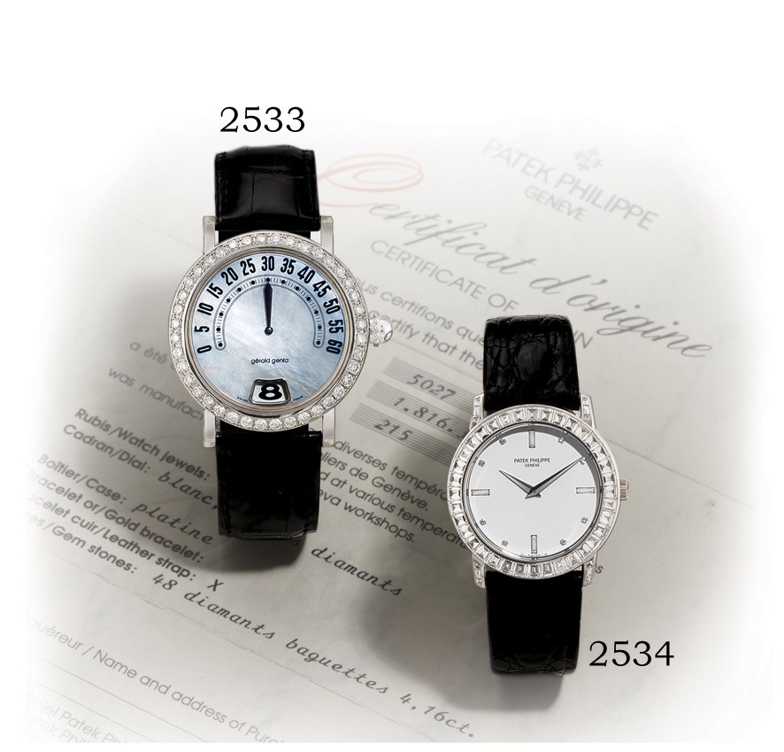GÉRALD GENTA, "RETRO CLASSIC"

18K WHITE GOLD AND DIAMOND-SET SELF-WINDING JUMPING HOUR WRISTWATCH WITH RETROGRADE MINUTES AND MOTHER-OF-PEARL DIAL