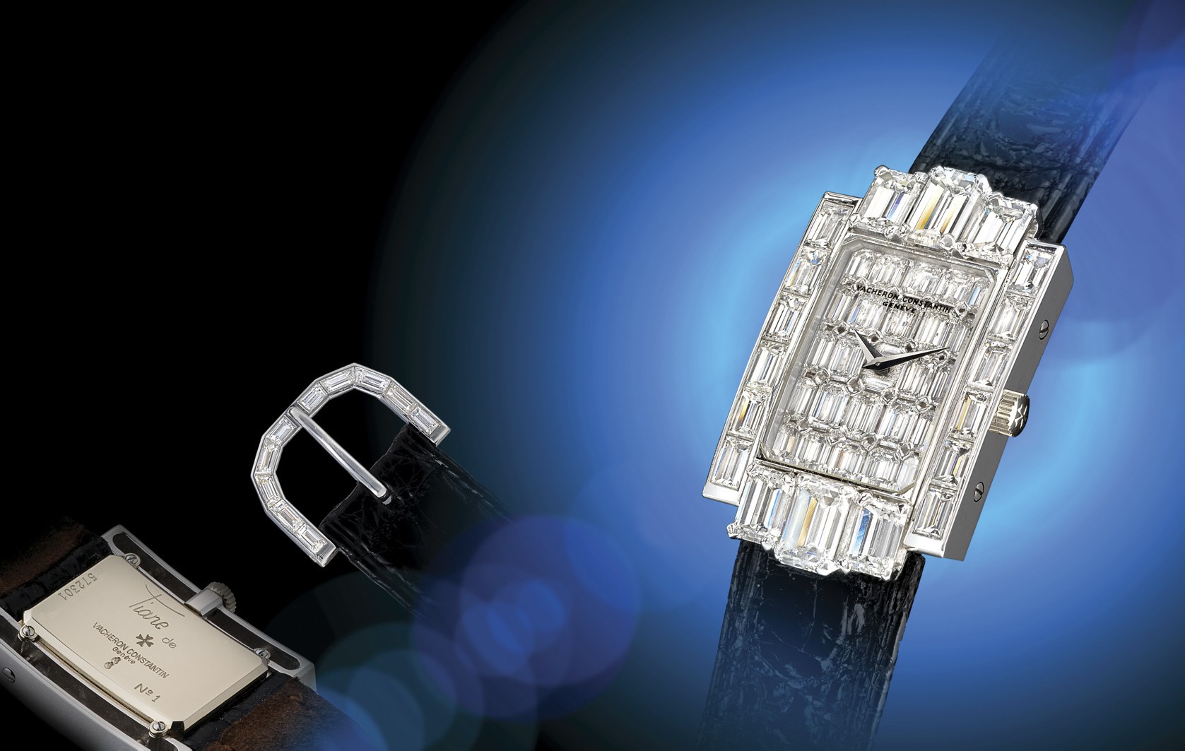 VACHERON CONSTANTIN, "TIARE"

EXCEPTIONAL AND IMPRESSIVE, VERY FINE AND RARE, 18K WHITE GOLD MANUAL-WINDING RECTANGULAR WRISTWATCH SET WITH 44 EMERALD-CUT DIAMONDS WEIGHING 14.16 CTS