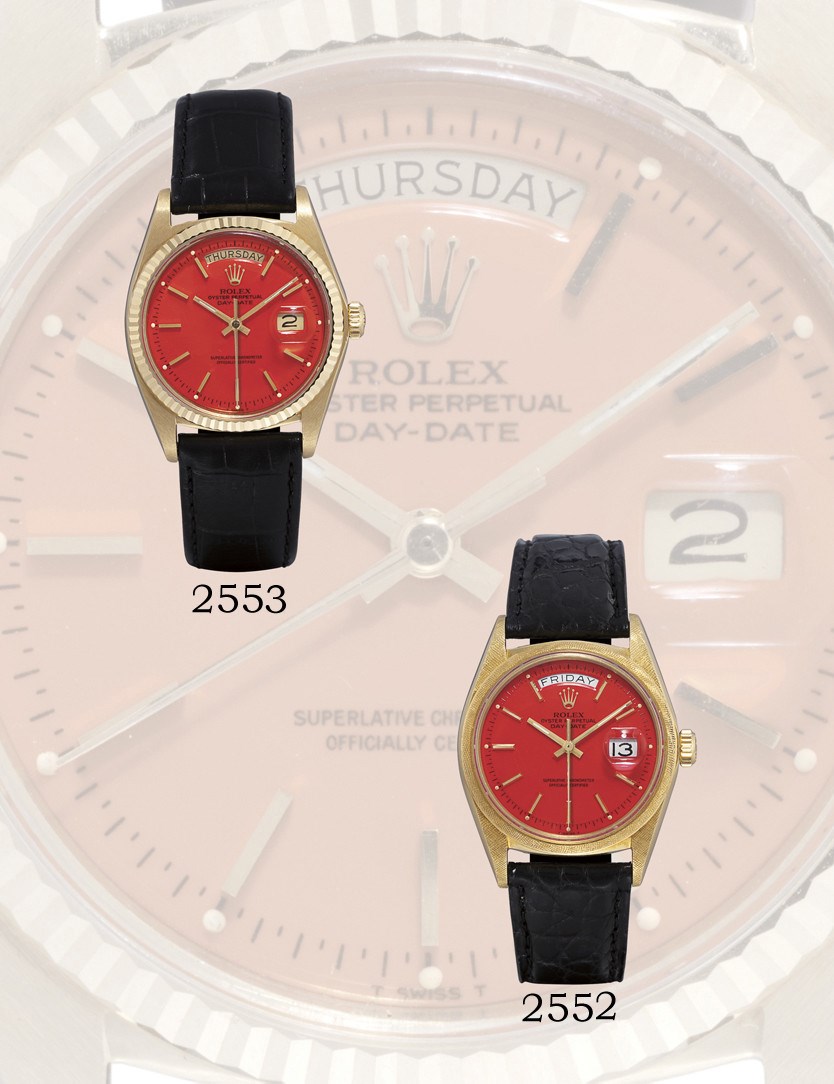 ROLEX, "DAY-DATE" REF. 1805

18K GOLD SELF-WINDING WRISTWATCH WITH SWEEP SECONDS, DAY, DATE DISPLAY AND A CORAL-RED DIAL