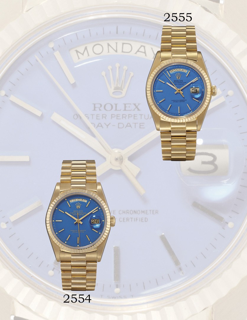 ROLEX, "DAY-DATE" REF. 1803

18K GOLD SELF-WINDING BRACELET WATCH WITH SWEEP SECONDS, DAY, DATE DISPLAY AND AN AZURE DIAL