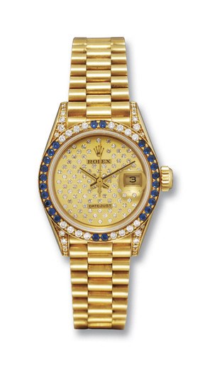 ROLEX, OYSTER PERPETUAL "DATEJUST", REF. 69038

LADY'S 18K GOLD, DIAMOND AND SAPPHIRE-SET SELF-WINDING TONNEAU-SHAPED BRACELET WATCH WITH SWEEP SECONDS AND DATE DISPLAY