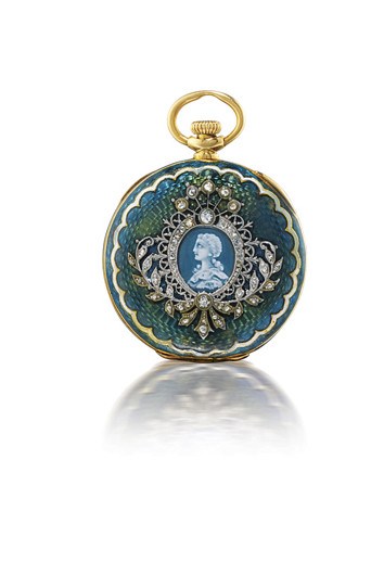PATEK PHILIPPE

18K GOLD, DIAMOND-SET AND ENAMEL OPENFACE KEYLESS LEVER PENDANT WATCH