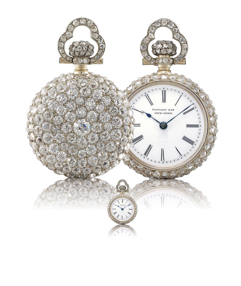TIFFANY & CO.

FINE AND RARE, 18K PINK GOLD AND DIAMOND-SET OPENFACE KEYLESS LEVER PENDANT WATCH