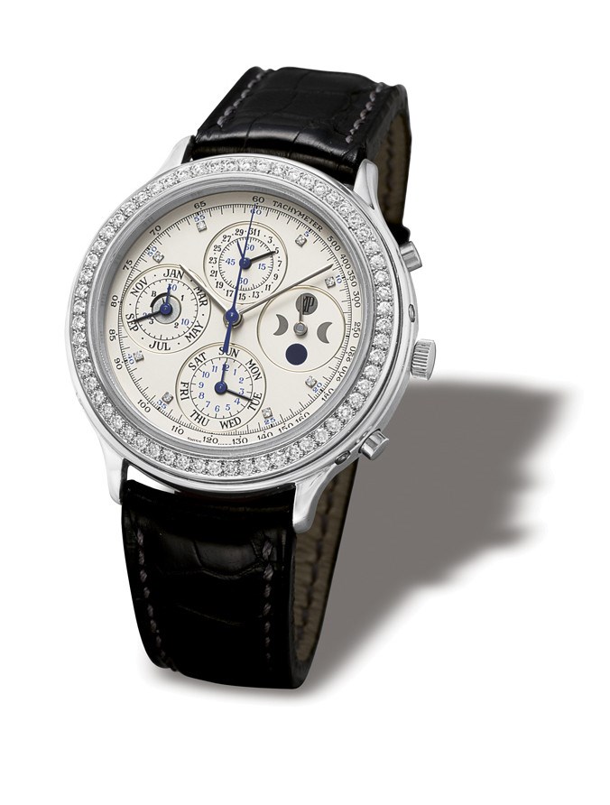 AUDEMARS PIGUET, "QUANTIEME PERPETUAL CHRONOGRAPHE"

VERY RARE, 950 PLATINUM AND DIAMOND-SET SELF-WINDING PERPETUAL CALENDAR CHRONOGRAPH WRISTWATCH WITH MOON-PHASE DISPLAY, PRODUCED IN LIMITED SERIES