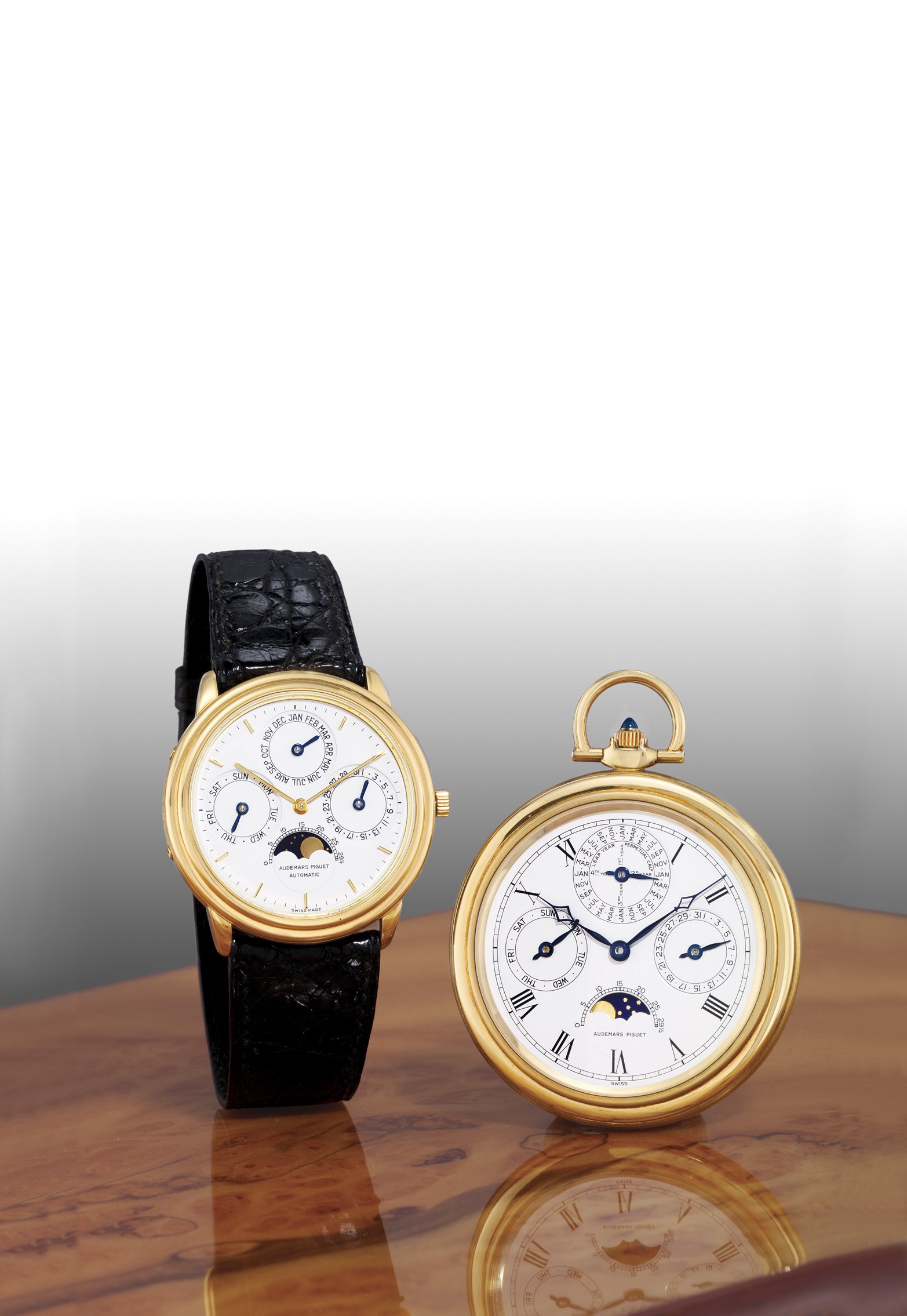 AUDEMARS PIGUET, "QUANTIEME PERPETUEL"

A SET OF 18K GOLD SELF-WINDING PERPETUAL CALENDAR WRISTWATCH AND KEYLESS LEVER POCKET WATCH, BOTH WITH AGE AND PHASES OF THE MOON