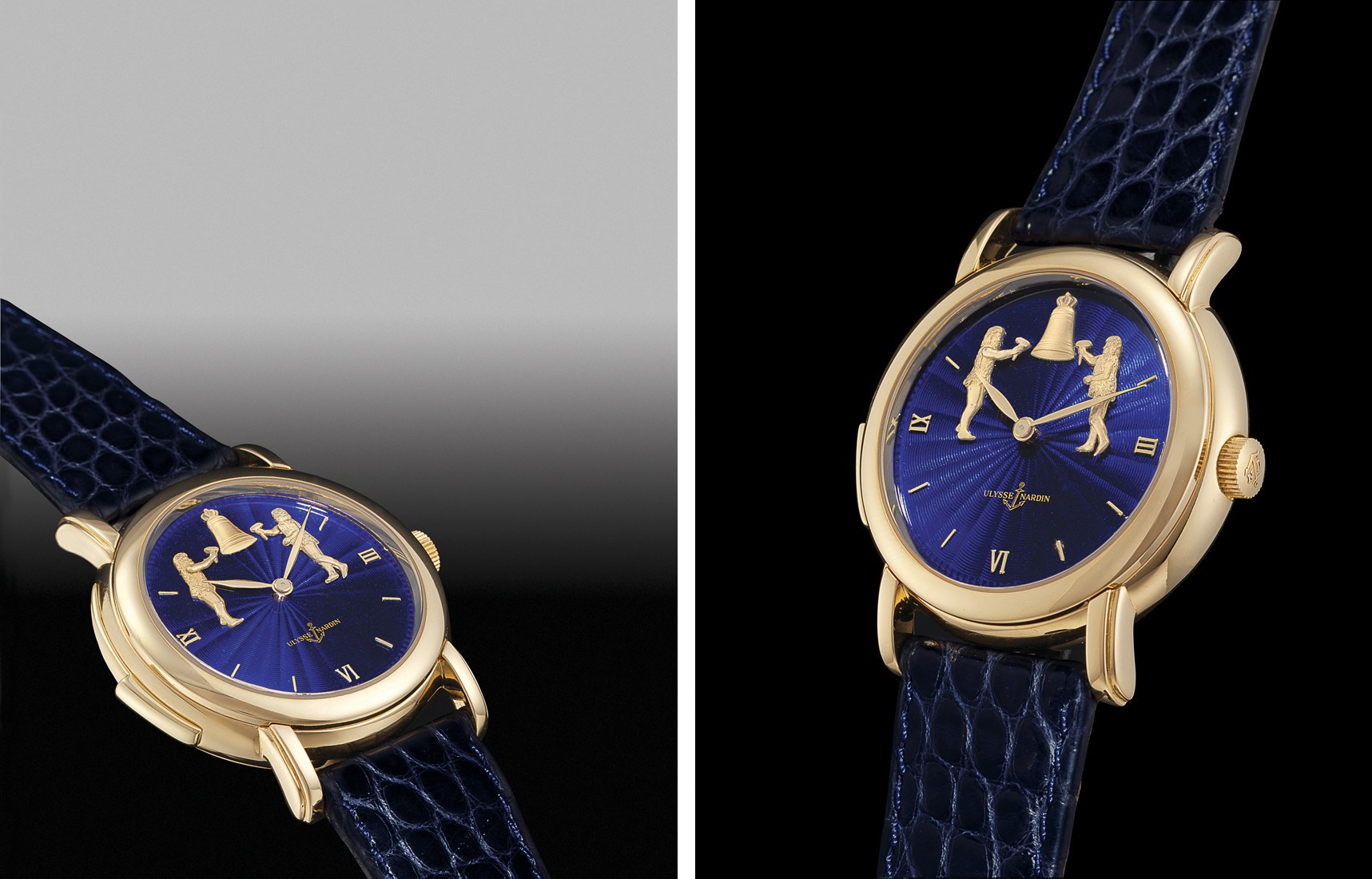ULYSSE NARDIN, "RÉPÉTITION MINUTES JACQUEMART FORGERONS"

18K GOLD MANUAL-WINDING MINUTE REPEATING WRISTWATCH WITH AUTOMATON JACQUEMARTS AND ENAMEL DIAL