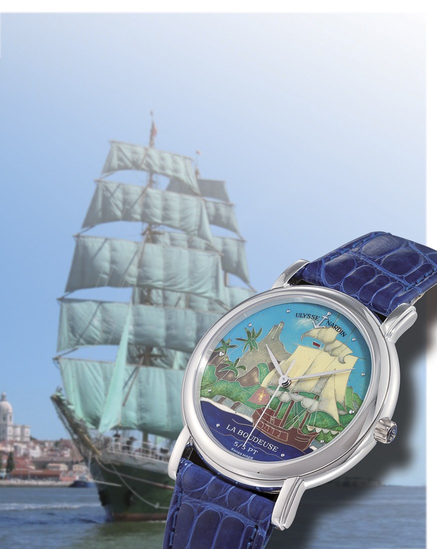ULYSSE NARDIN "SAN MARCO - LA BOUDEUSE"

EXTREMELY FINE AND VERY RARE, 950 PLATINUM SELF-WINDING CHRONOMETER WRISTWATCH WITH CLOISONNÉ ENAMEL DIAL, LIMITED EDITION OF 5 PIECES