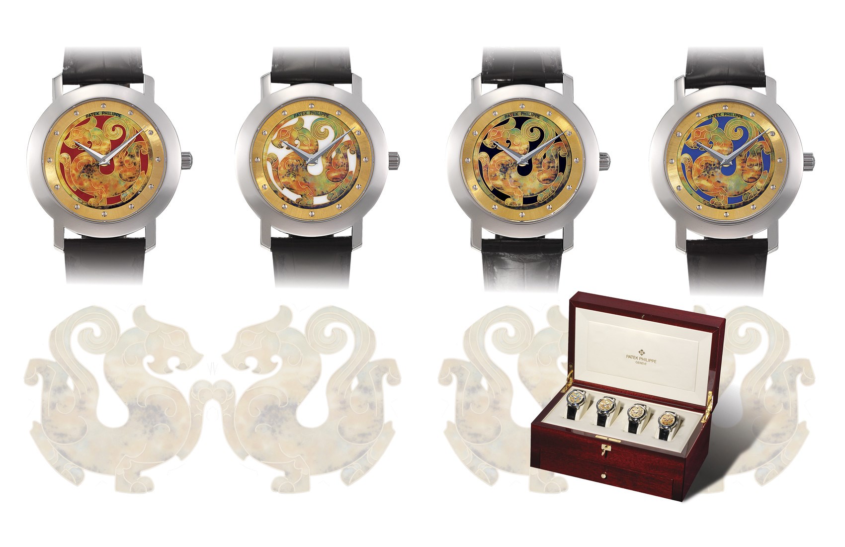 PATEK PHILIPPE, REF. 5075G DRAGON

EXTREMELY FINE AND UNIQUE, LIMITED EDITION SET OF FOUR 18K WHITE GOLD SELF-WINDING WRISTWATCHES WITH CLOISONNÉ POLYCHROME ENAMEL DIALS