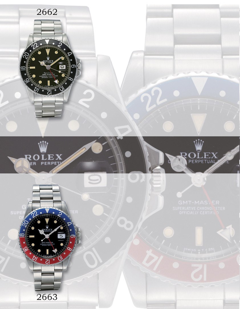 ROLEX, "GMT-MASTER" REF. 1675

STAINLESS STEEL SELF-WINDING TWO-TIME-ZONE BRACELET WATCH WITH SWEEP SECONDS AND DATE DISPLAY