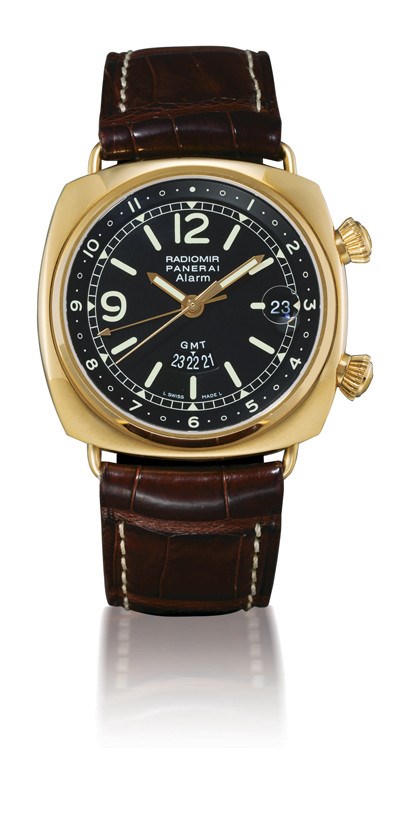 PANERAI, "RADIOMIR GMT ALARM"

18K GOLD SELF-WINDING CUSHION-SHAPED TWO-TIME-ZONE WRISTWATCH WITH SWEEP SECONDS, DATE DISPLAY AND ALARM FUNCTION