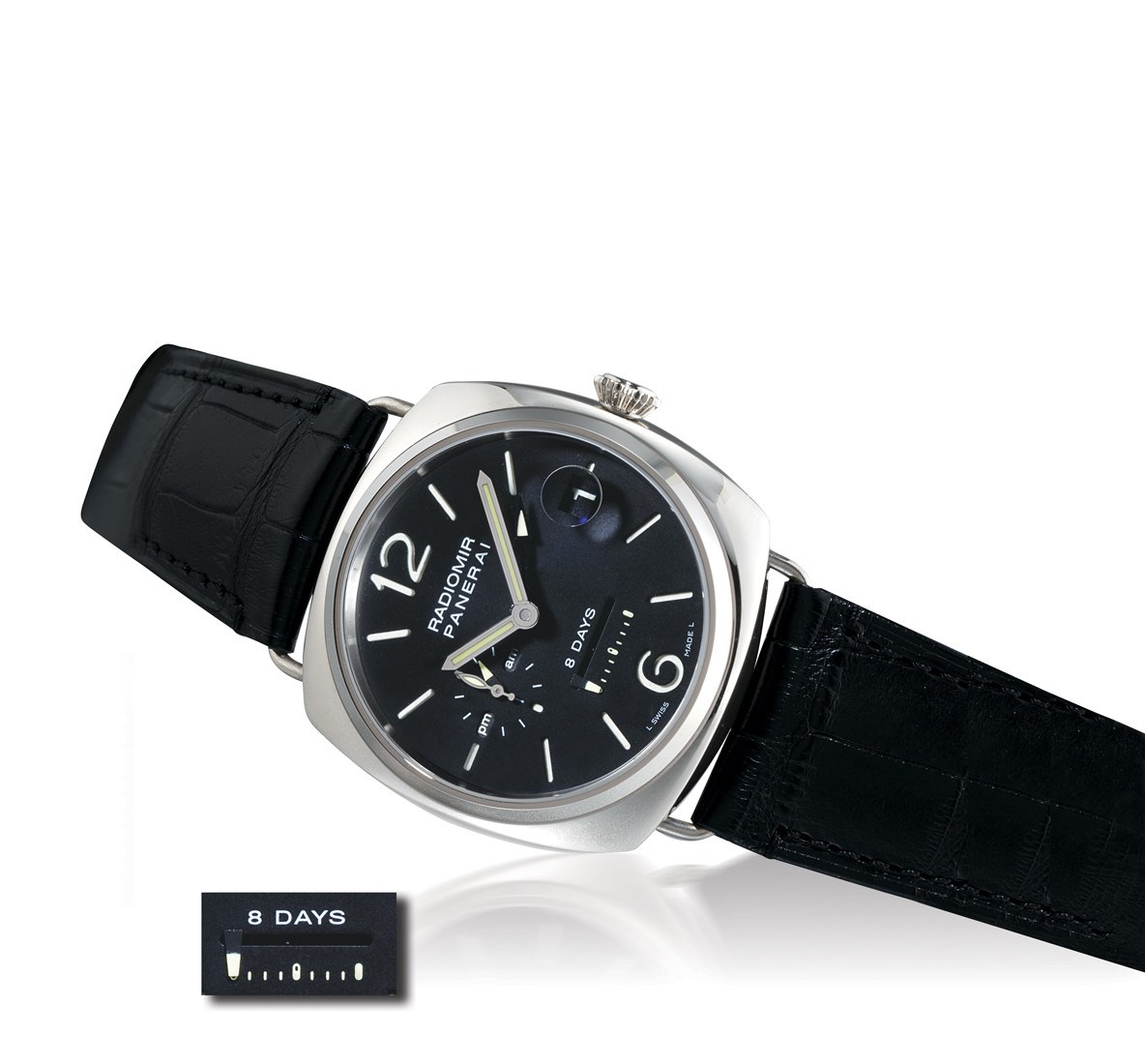 PANERAI, "RADIOMIR 8 DAYS GMT"

18K WHITE GOLD MANUAL-WINDING CUSHION-SHAPED TWO-TIME-ZONE WRISTWATCH WITH DATE, AM/PM INDICATION AND EIGHT-DAY POWER-RESERVE, UNIQUE EDITION OF 250 PIECES