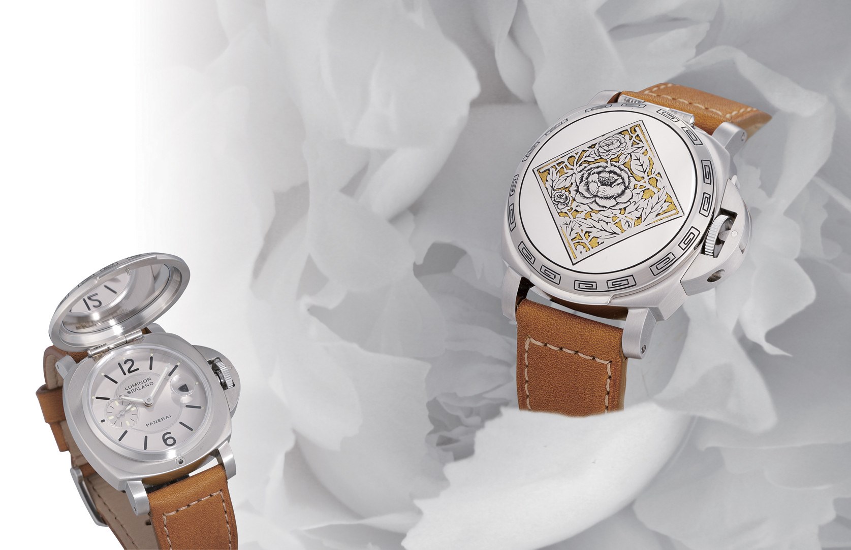 PANERAI, "LUMINOR SEALAND" PAEONIA

STAINLESS STEEL SELF-WINDING WRISTWATCH WITH ENGRAVED COVER, SMALL SECONDS AND DATE DISPLAY, UNIQUE EDITION OF 30 PIECES FOR THE PANERAI BOUTIQUE IN SHANGHAI