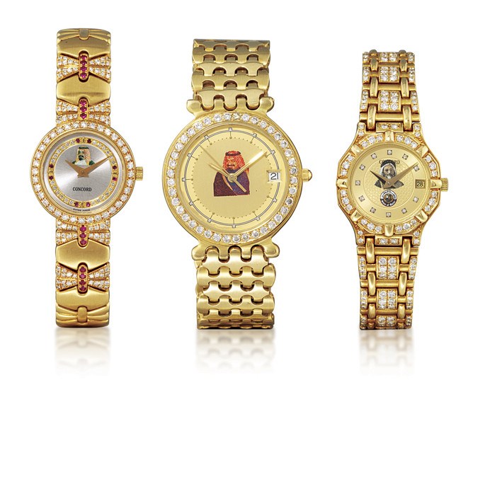 FRED/CONCORD

TWO 18K GOLD AND DIAMOND-SET BRACELET WATCHES WITH DATE AND AN 18K GOLD, DIAMOND AND RUBY-SET BRACELET WATCH