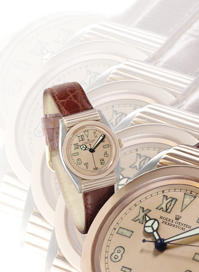 ROLEX, "OYSTER PERPETUAL" BUBBLE BACK REF. 3595 CALIFORNIA DIAL

STAINLESS STEEL AND PINK GOLD SELF-WINDING TONNEAU-SHAPED WRISTWATCH WITH SWEEP SECONDS AND RIBBED HOODED LUGS