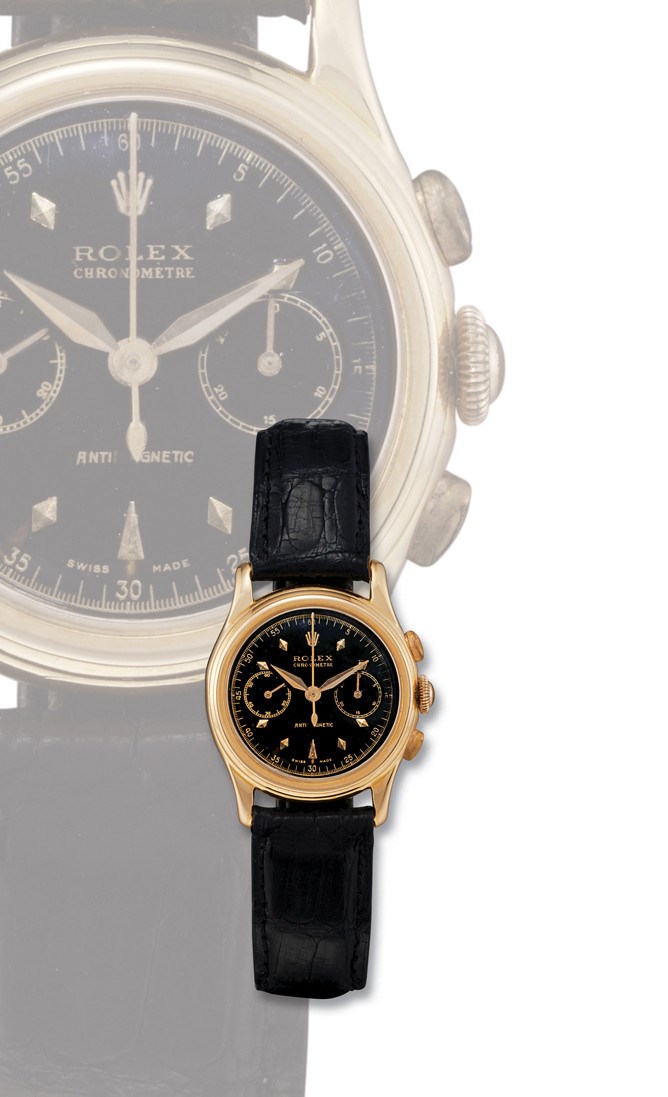 ROLEX, "PICCOLINO" REF 3055

FINE AND VERY RARE, MINIATURE, 18K PINK GOLD MANUAL-WINDING ANTIMAGNETIC CHRONOGRAPH WRISTWATCH