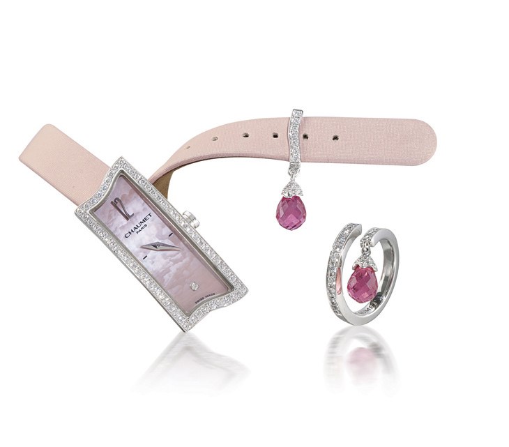 CHAUMET, "FRISSON"

LADY'S 18K WHITE GOLD AND DIAMOND-SET WRISTWATCH WITH PINK TOURMALINE-SET BARRETTE, MOTHER-OF-PEARL DIAL AND A MATCHING RING