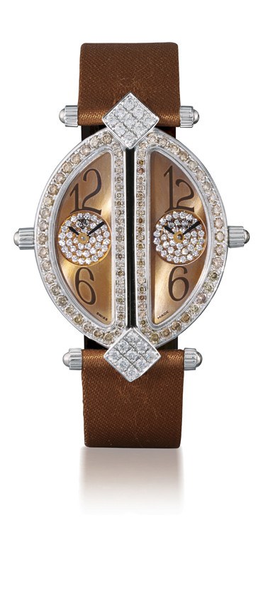 THE ROYAL DIAMOND, "LADY DOUBLE"

LADY'S 18K WHITE GOLD, DIAMOND AND BROWN DIAMOND TWO-TIME-ZONE DOUBLE DIAL WRISTWATCH