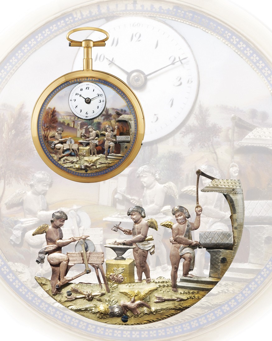 SWISS

VERY RARE, 18K GOLD AND ENAMEL FIVE AUTOMATON OPENFACE  CYLINDER POCKET WATCH, MADE FOR THE CHINESE MARKET