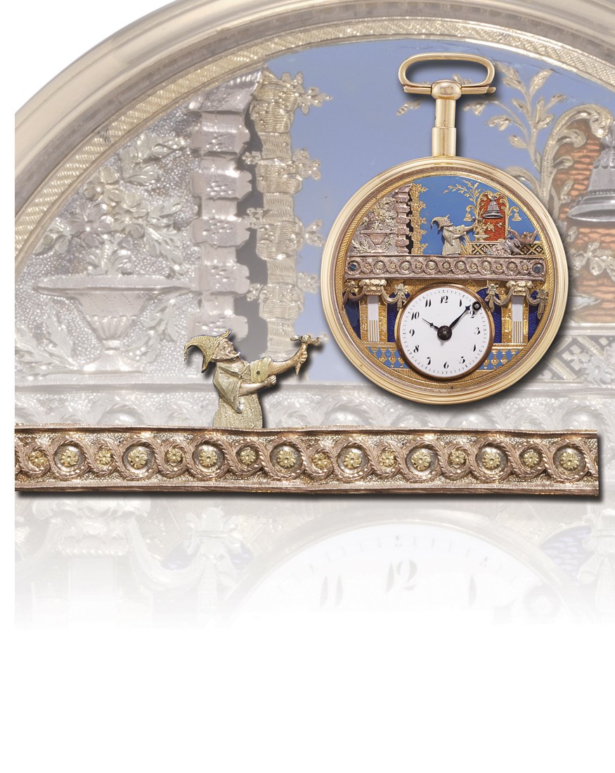 CUGNIER-LESCHOT

VERY RARE, 18K GOLD AND ENAMEL QUARTER REPEATING AUTOMATON KEY-WOUND POCKET WATCH WITH APPEARING AND DISAPPEARING WIZARD JACQUEMART, MADE FOR THE CHINESE MARKET