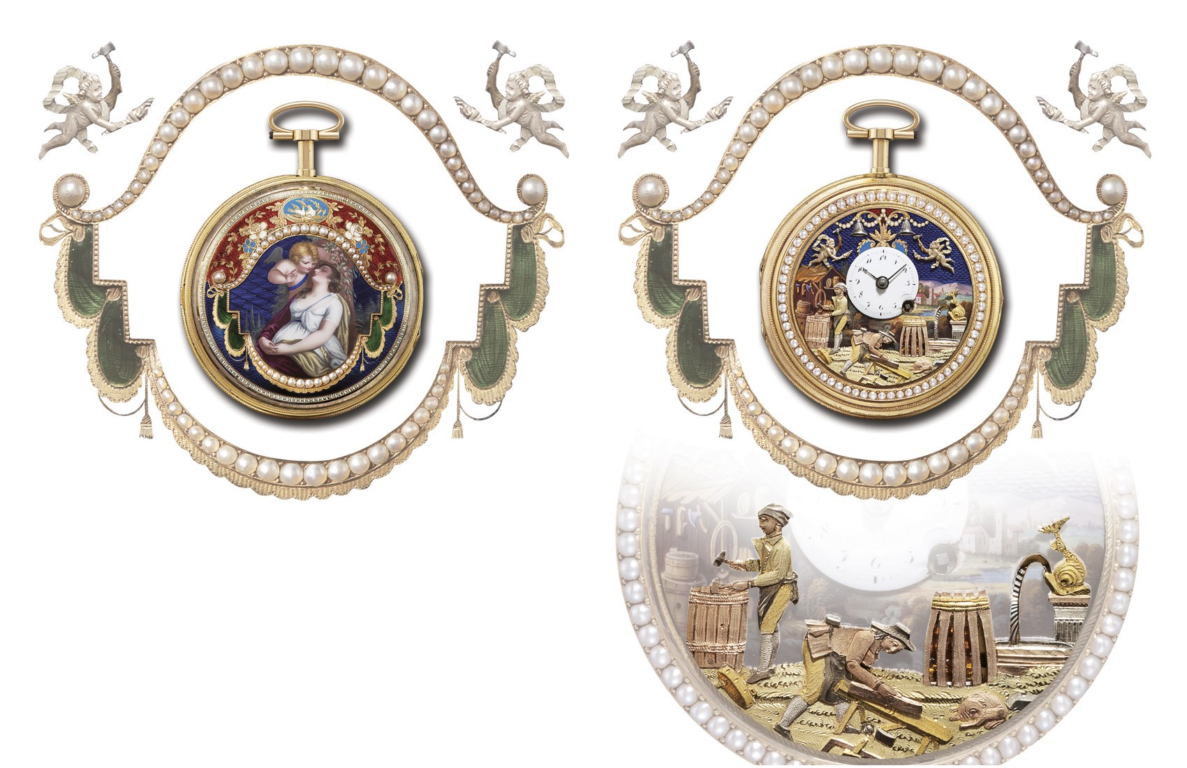 PIERRE DANEL ET FRERES A GENEVE

A RARE 18K GOLD, ENAMEL AND PEARL-SET QUARTER REPEATING QUADRUPLE AUTOMATON AND JACQUEMARTS PAIR CASE POCKET WATCH, MADE FOR THE CHINESE MARKET