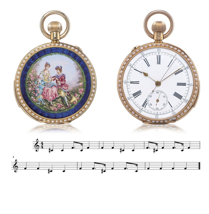SWISS

EXTREMELY RARE, 18K GOLD, ENAMEL AND PEARL SET OPENFACE MINUTE REPEATING CHRONOGRAPH KEYLESS LEVER POCKET WATCH WITH TRIPLE STROKE REPEATING MECHANISM, MADE FOR THE CHINESE MARKET