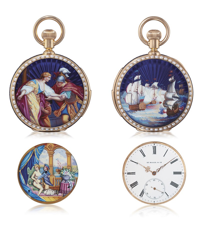 HENRY MOSER & CIE

A RARE 18K GOLD AND ENAMEL HUNTER CASE MINUTE REPEATING KEYLESS LEVER POCKET WATCH WITH CONCEALED EROTIC AUTOMATON, MADE FOR THE CHINESE MARKET
