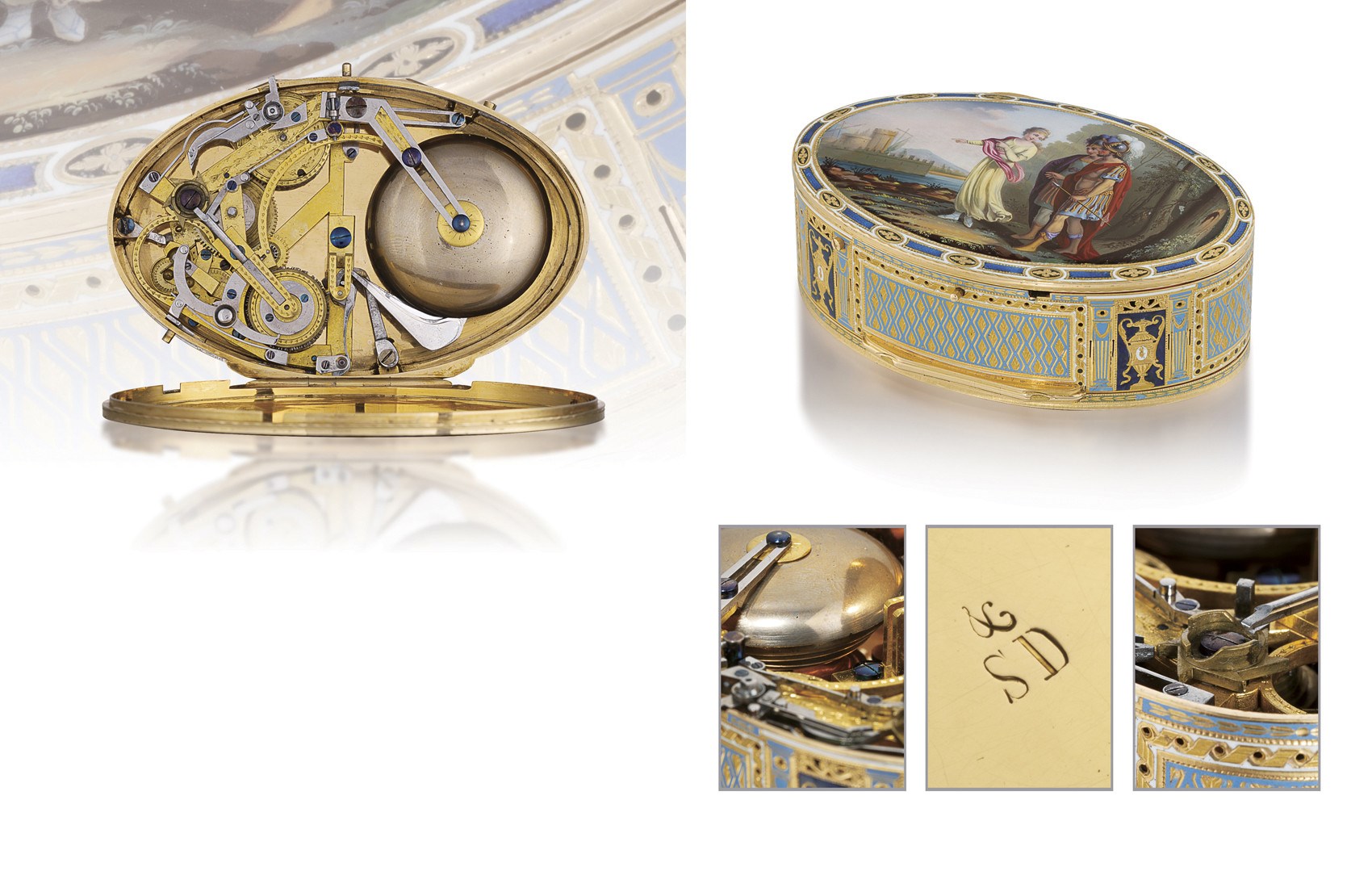 SWISS

A RARE 18K GOLD AND ENAMEL MUSICAL SNUFF BOX, PLAYING ON SIX DIFFERENT TUNES