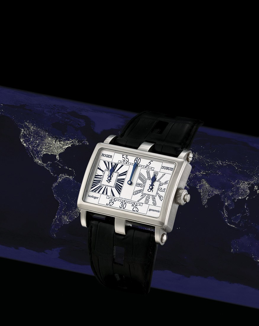 ROGER DUBUIS, DUAL TIME GMT

18K WHITE GOLD MANUAL-WINDING RECTANGULAR TWO-TIME-ZONE WRISTWATCH