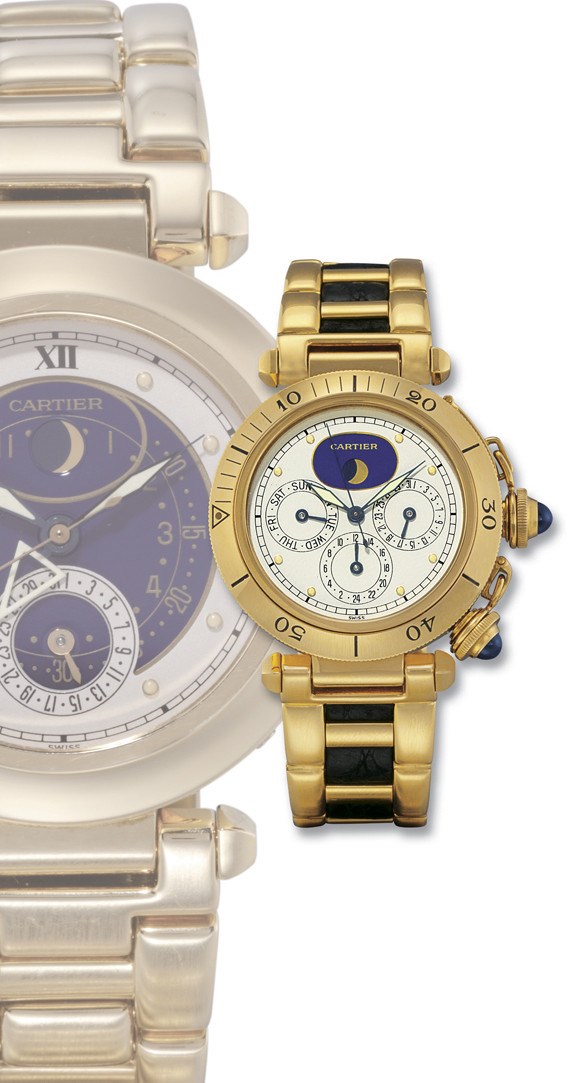 CARTIER, "PASHA"

18K GOLD TWO-TIME ZONE BRACELET WATCH WITH DAY, DATE AND MOON-PHASE DISPLAY