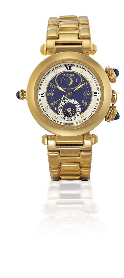 CARTIER, "PASHA"

18K GOLD BRACELET WATCH WITH DATE, MOON-PHASE DISPLAY AND ALARM FUNCTION