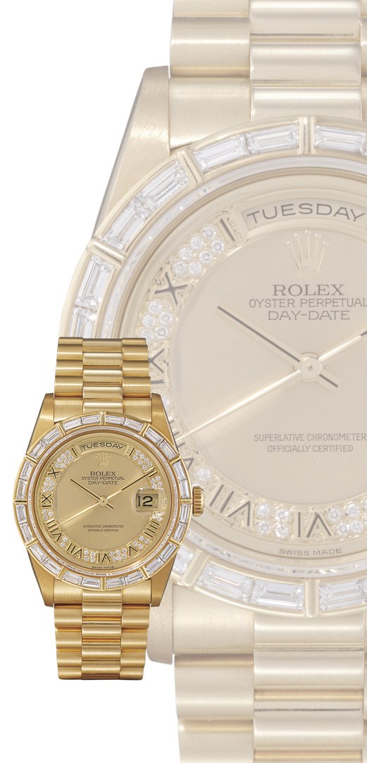 ROLEX, "DAY-DATE" REF. 18368

18K GOLD AND DIAMOND-SET SELF-WINDING BRACELET WATCH WITH SWEEP SECONDS, DAY AND DATE DISPLAY